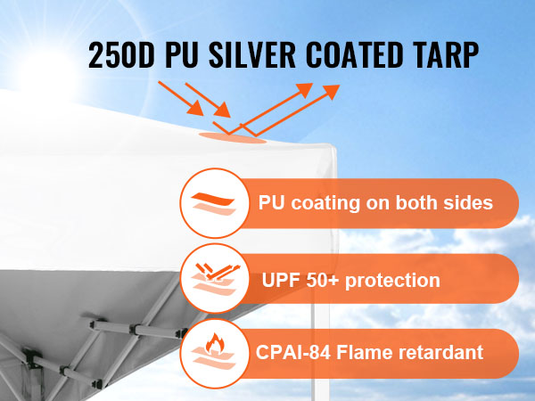 VEVOR saliekamā nojumes telts ar 250d PU sudraba pārklājumu, UPF 50+ aizsardzība, CPAI-84 liesmas slāpētājs.