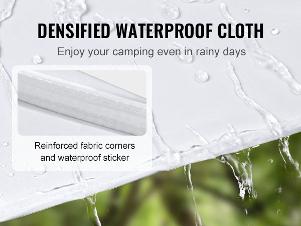 Ūdensizturīga VEVOR saliekamā telts ar nojumi un pastiprinātiem auduma stūriem lietainām kempinga dienām.