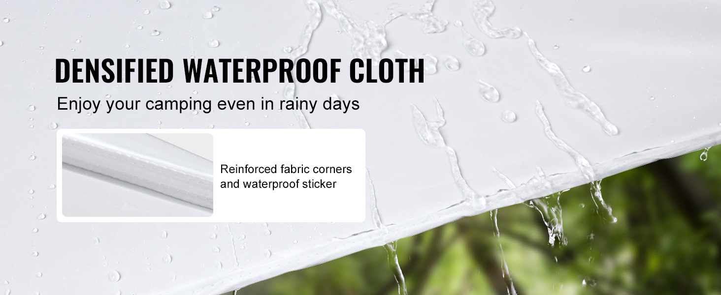 Ūdensizturīga VEVOR saliekamā telts ar nojumi un pastiprinātiem auduma stūriem lietainām kempinga dienām.