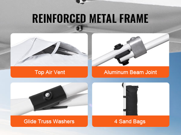 Pastiprināts VEVOR saliekamās nojumes telts metāla rāmis ar augšējo gaisa ventilācijas atveri, alumīnija sijas savienojumu, slīdošām kopņu paplāksnēm un 4 smilšu maisiem.