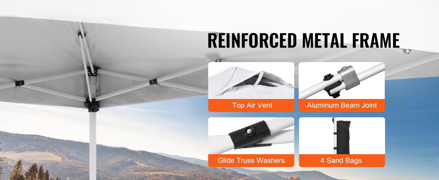 Pastiprināts VEVOR saliekamās nojumes telts metāla rāmis ar augšējo gaisa ventilācijas atveri, alumīnija sijas savienojumu, slīdošām kopņu paplāksnēm un 4 smilšu maisiem.