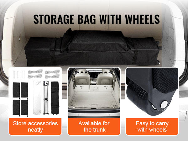 Uzglabāšanas soma ar riteņiem automašīnas bagāžniekā; viegli pārnēsājama un uzglabājama VEVOR saliekamās nojumes telts aksesuāru uzglabāšanai.