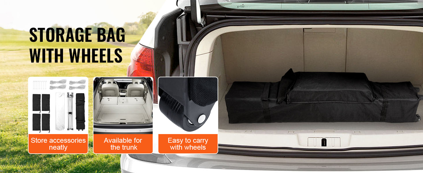 Uzglabāšanas soma ar riteņiem automašīnas bagāžniekā; viegli pārnēsājama un uzglabājama VEVOR saliekamās nojumes telts aksesuāru uzglabāšanai.