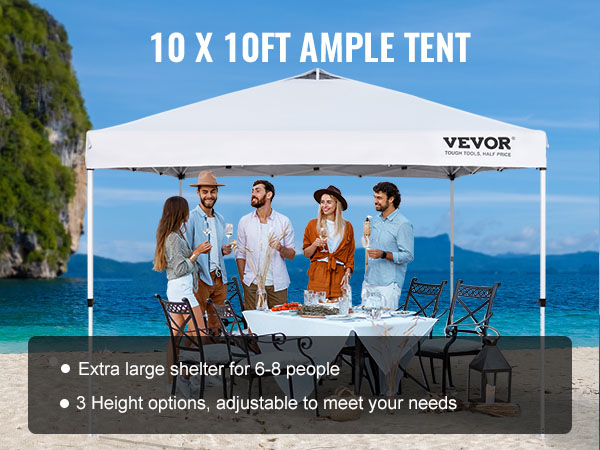 VEVOR saliekamā nojumes telts pludmalē, kas piedāvā ēnu cilvēku grupai, kas ēd pie galda.