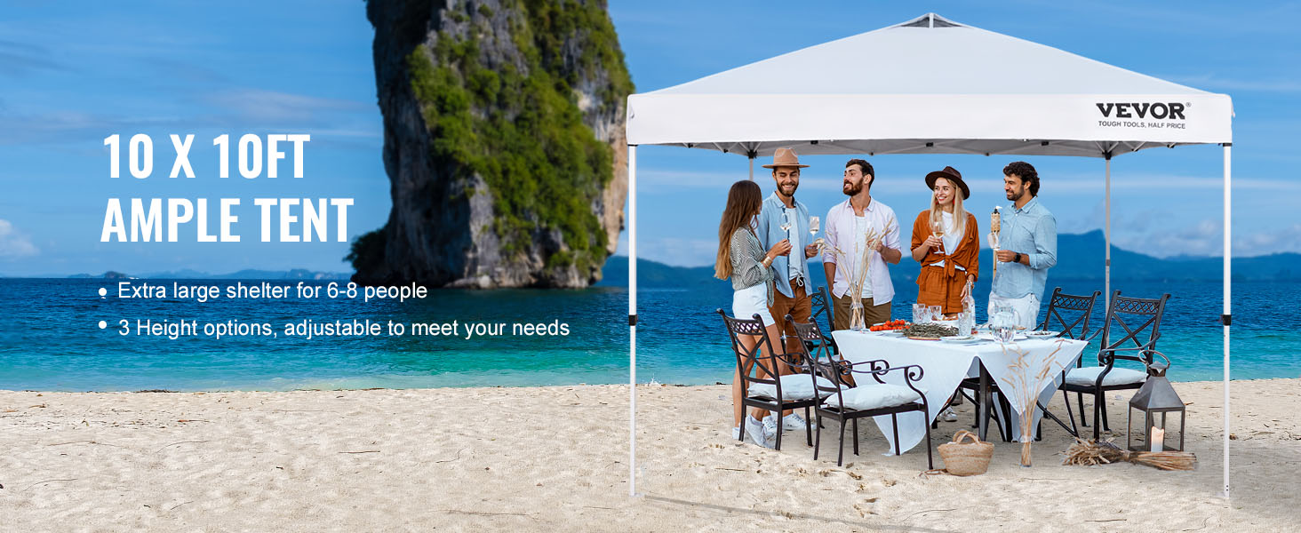 VEVOR saliekamā nojumes telts pludmalē, kas piedāvā ēnu cilvēku grupai, kas ēd pie galda.