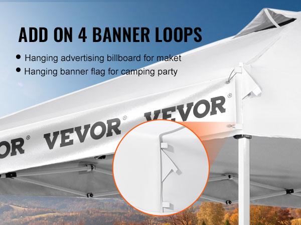 VEVOR saliekamā nojumes telts ar baneru cilpām reklāmas un karogu pakarināšanai zem skaidrām, zilām debesīm.