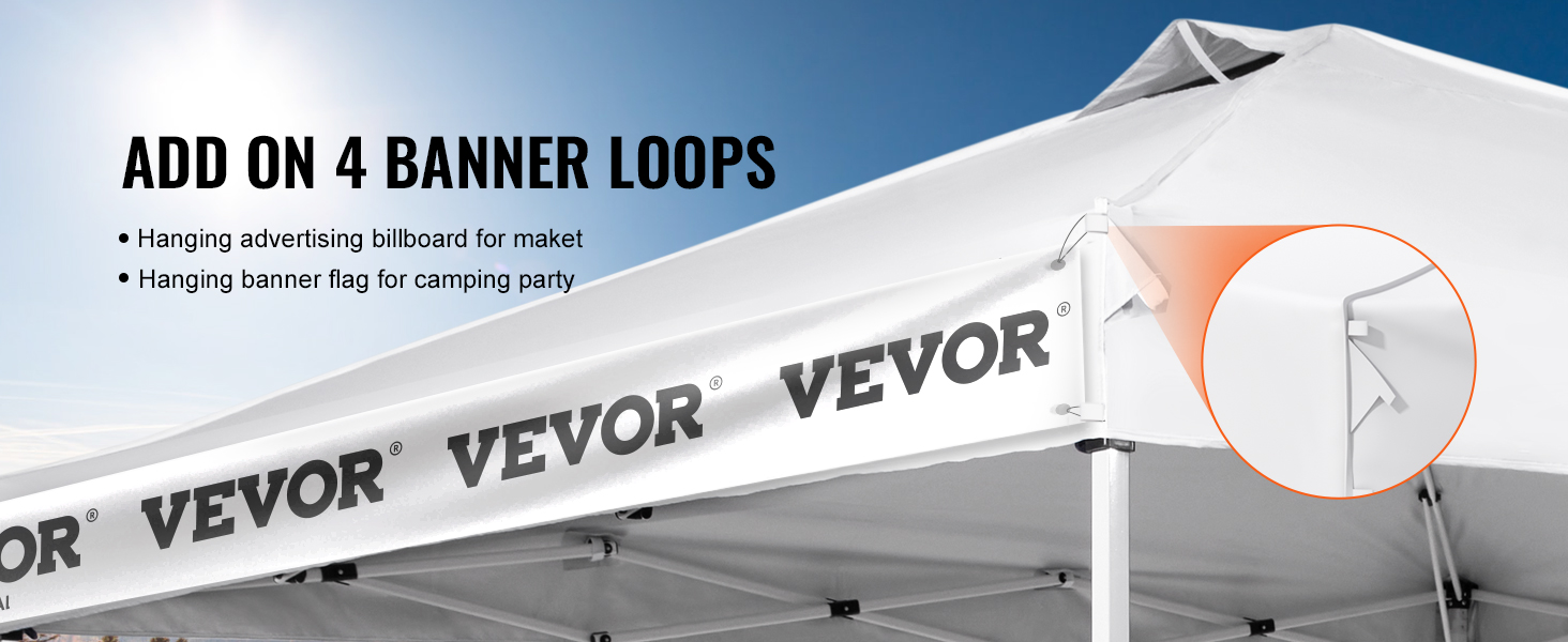 VEVOR saliekamā nojumes telts ar baneru cilpām reklāmas un karogu pakarināšanai zem skaidrām, zilām debesīm.