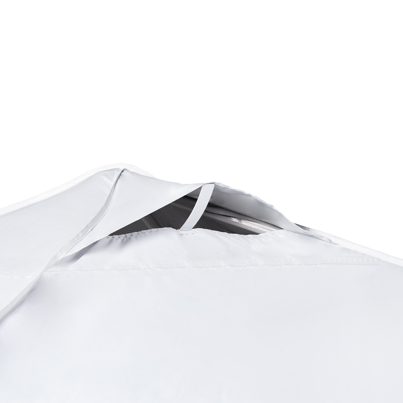 white VEVOR pop up canopy tent roof with inner black frame structure visible.