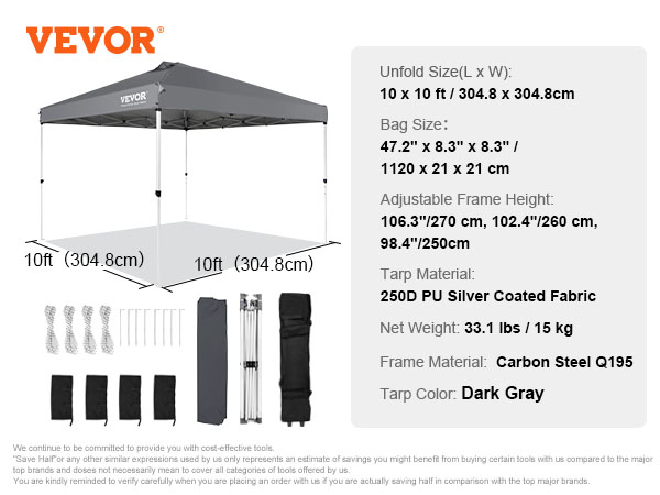 VEVOR pop-up canopy tent, 10x10 ft, dark gray, 250d pu silver fabric, adjustable frame, carbon steel.