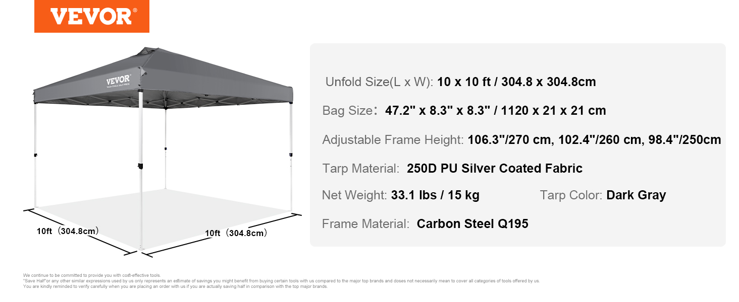 VEVOR pop-up canopy tent, 10x10 ft, dark gray, 250d pu silver fabric, adjustable frame, carbon steel.