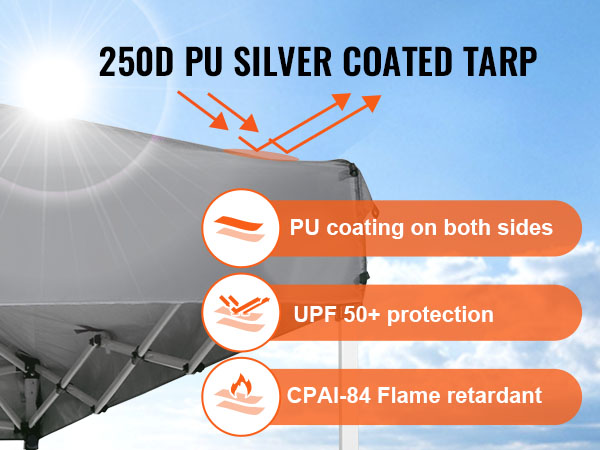 VEVOR saliekamā nojumes telts ar 250d PU sudraba pārklājumu, UPF 50+ aizsardzību un liesmas slāpētāju.
