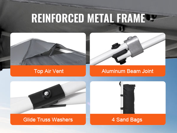 VEVOR saliekamā nojumes telts ar pastiprinātu metāla rāmi, slīdošajām kopņu paplāksnēm un 4 smilšu maisiem.