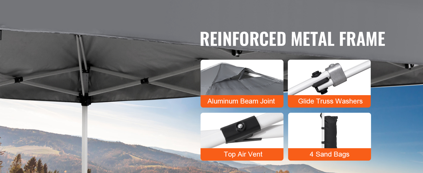 VEVOR saliekamā nojumes telts ar pastiprinātu metāla rāmi, slīdošajām kopņu paplāksnēm un 4 smilšu maisiem.