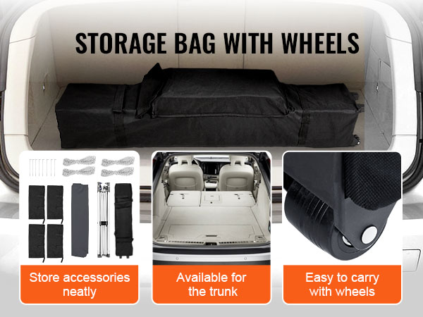 Uzglabāšanas soma ar riteņiem VEVOR saliekamajai teltij ar nojumi, ietilpst bagāžniekā, viegli pārnēsājama, glīta aksesuāru uzglabāšanas vieta.