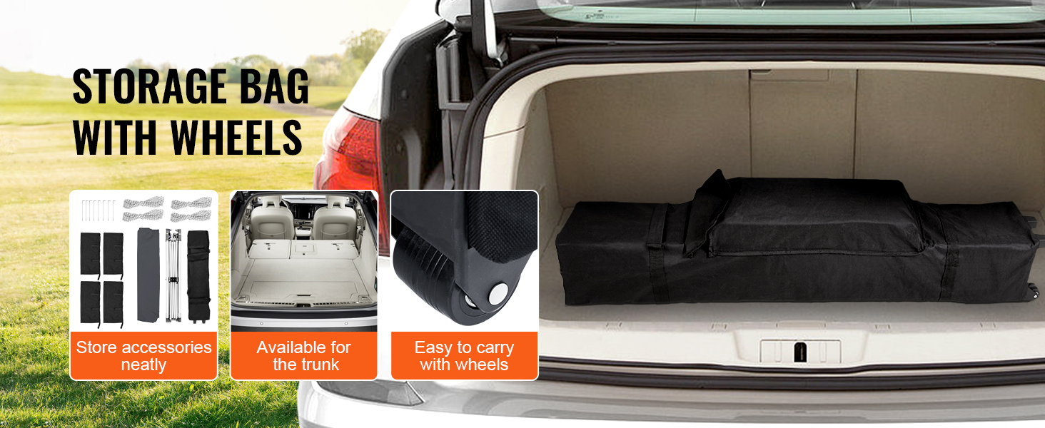 Uzglabāšanas soma ar riteņiem VEVOR saliekamajai teltij ar nojumi, ietilpst bagāžniekā, viegli pārnēsājama, glīta aksesuāru uzglabāšanas vieta.