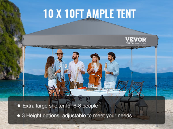 VEVOR saliekamā nojumes telts, kas uzstādīta pludmalē ar ēdamgaldu un krēsliem, paredzēta sešiem cilvēkiem.