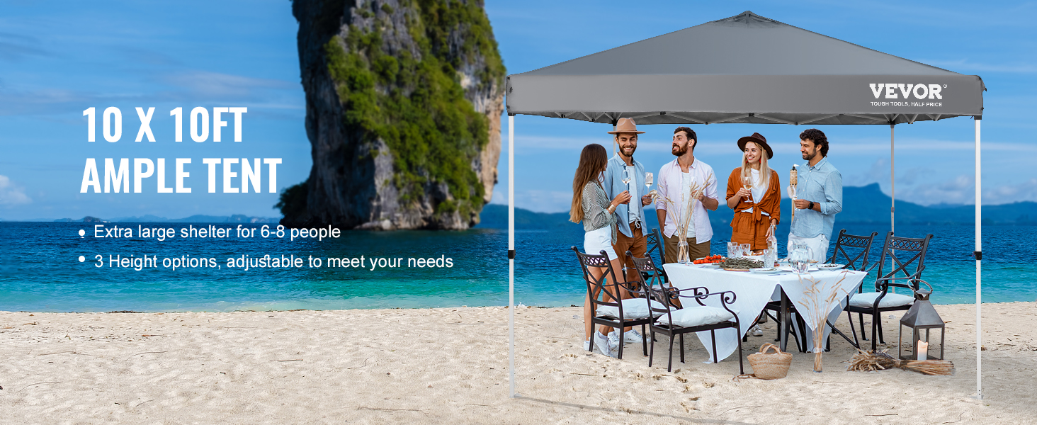 VEVOR saliekamā nojumes telts, kas uzstādīta pludmalē ar ēdamgaldu un krēsliem, paredzēta sešiem cilvēkiem.