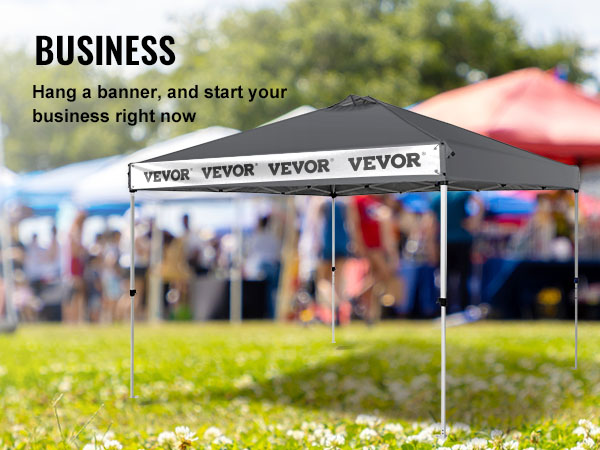 VEVOR saliekamā nojumes telts ar baneri, āra pasākuma fonu un oranžu "uzņēmuma" izkārtni.