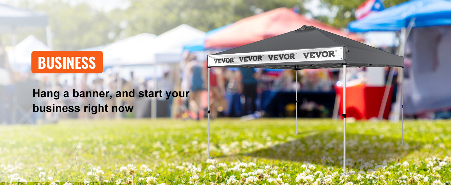 VEVOR saliekamā nojumes telts ar baneri, āra pasākuma fonu un oranžu "uzņēmuma" izkārtni.