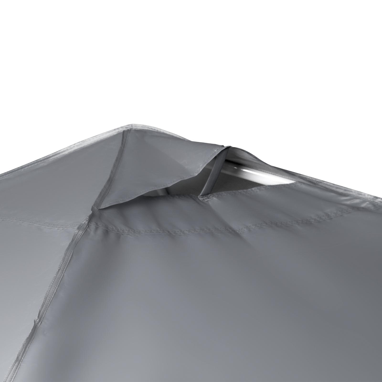close-up of the gray fabric and vented peak of a VEVOR pop-up canopy tent.