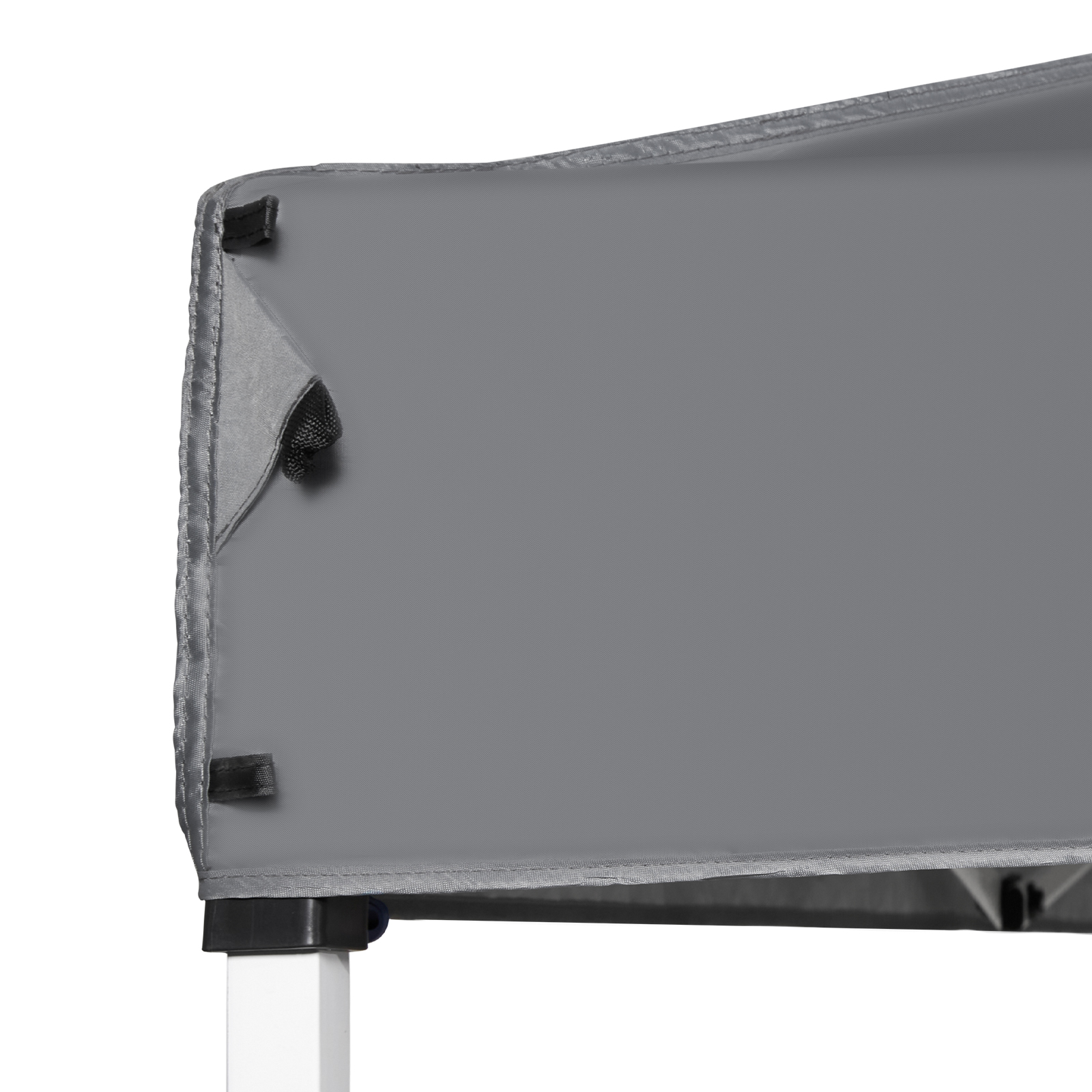 grey fabric canopy top corner of VEVOR pop-up canopy tent with reinforced stitching and white metal frame.