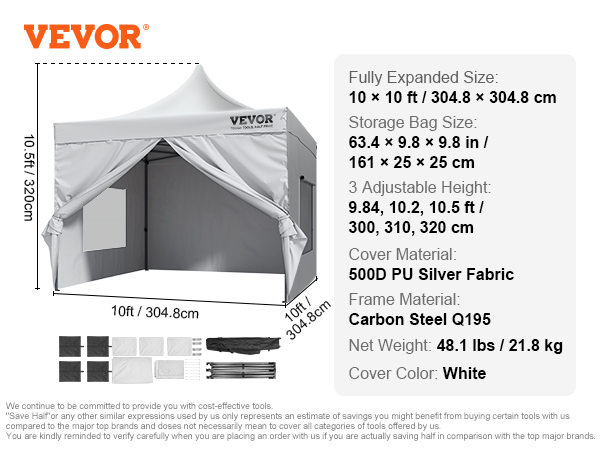 VEVOR pop up canopy, 10x10 ft white tent with adjustable height, carbon steel frame, and 500d pu fabric.