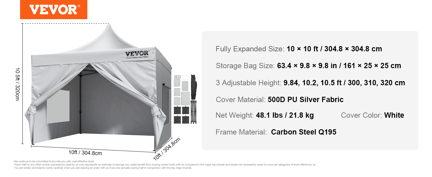 VEVOR pop up canopy, 10x10 ft white tent with adjustable height, carbon steel frame, and 500d pu fabric.