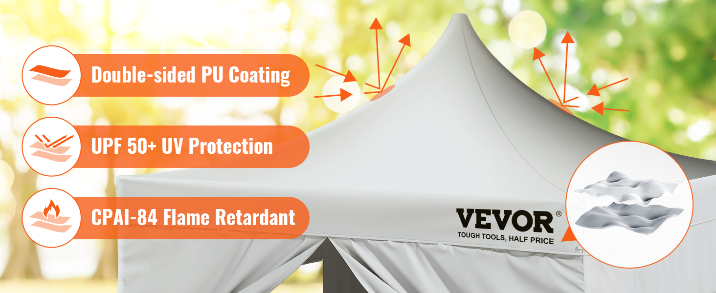 Навес VEVOR pop up с полиуретановым покрытием, защитой от ультрафиолета upf 50+ и огнестойкой тканью cpai-84.