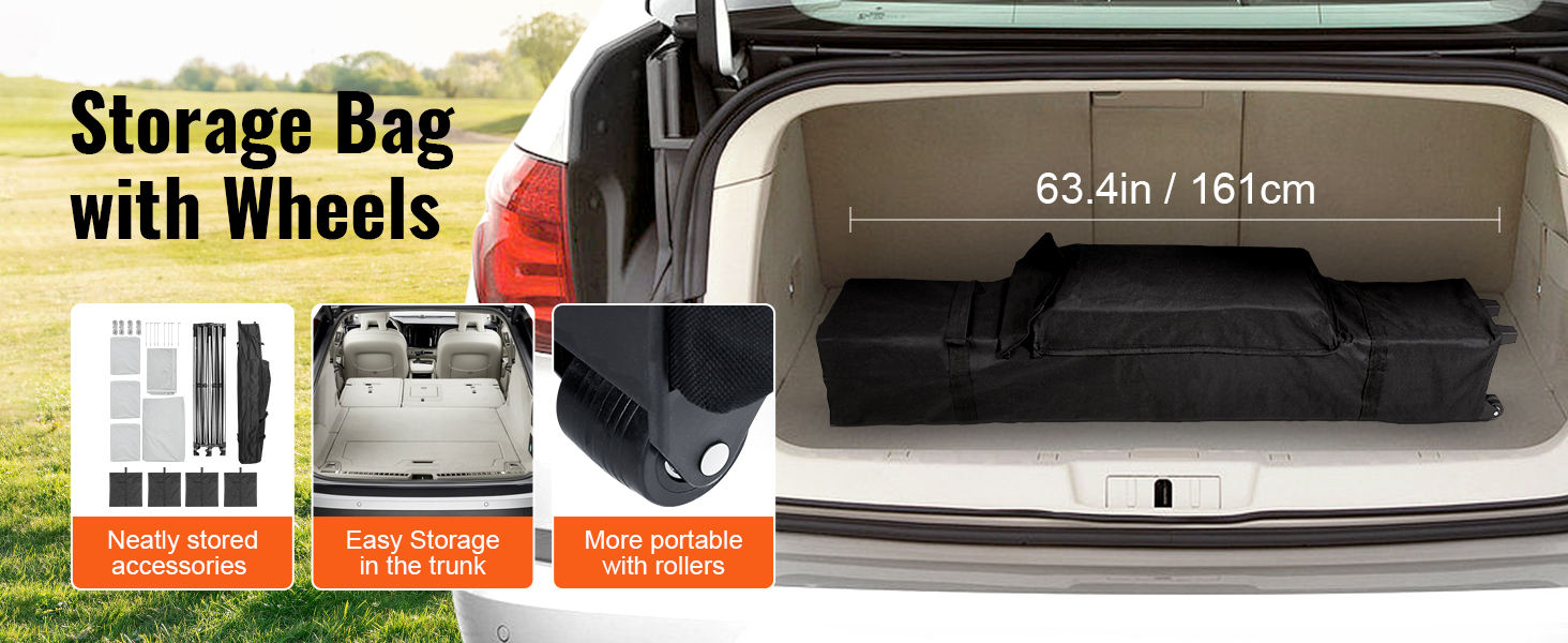Сумка для хранения VEVOR pop up canopy с колесиками для удобной транспортировки, помещается в багажник автомобиля, 63,4 дюйма / 161 см.