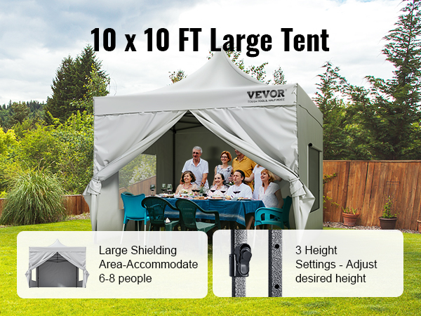 Палатка VEVOR pop up canopy размером 10 x 10 футов вмещает 6-8 человек с 3 регулировками высоты.