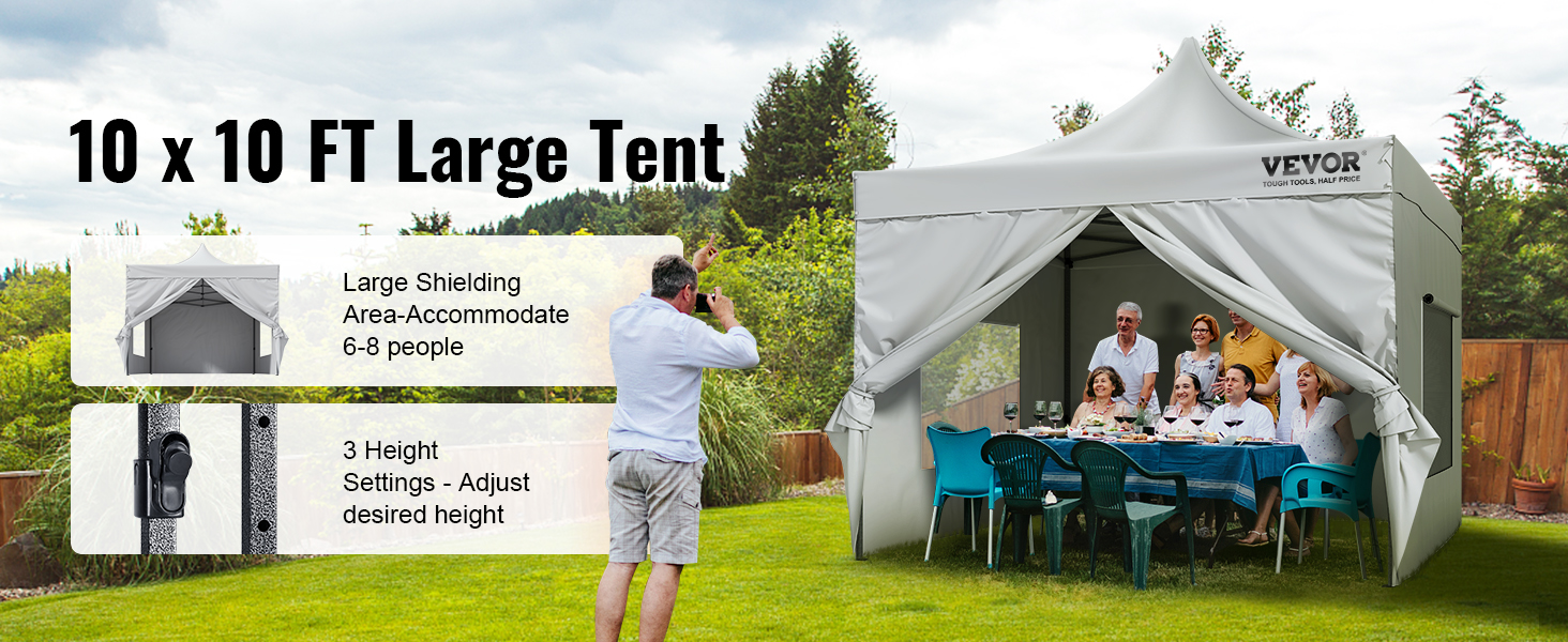 Палатка VEVOR pop up canopy размером 10 x 10 футов вмещает 6-8 человек с 3 регулировками высоты.