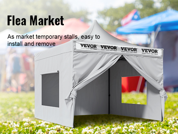 Всплывающий навес VEVOR на оживленном блошином рынке с белыми палатками на заднем плане. прост в установке.