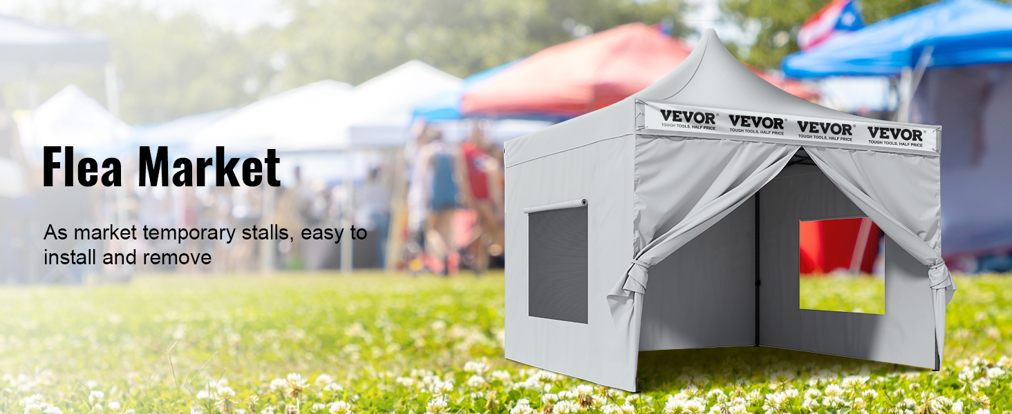 Всплывающий навес VEVOR на оживленном блошином рынке с белыми палатками на заднем плане. прост в установке.