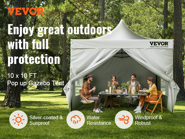 VEVOR pop up canopy in a park setting, offering full protection with a 10x10 ft gazebo tent.