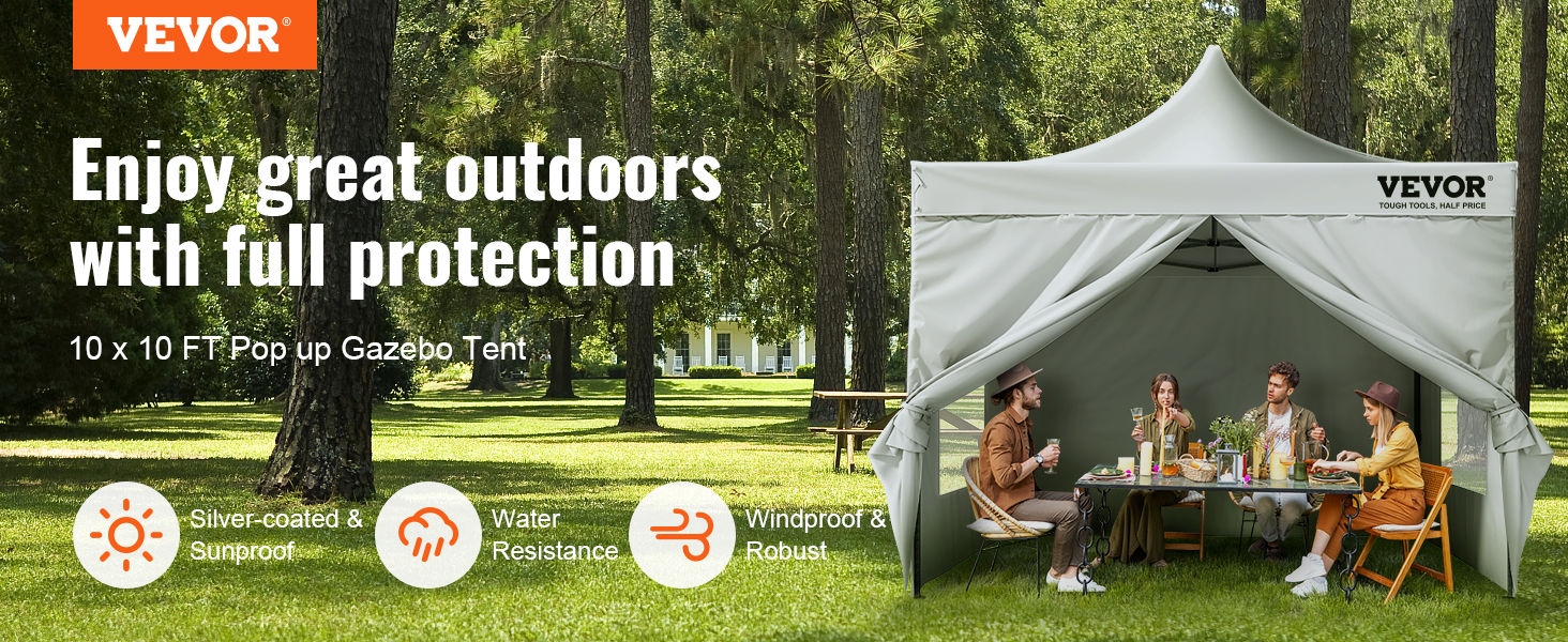 VEVOR pop up canopy in a park setting, offering full protection with a 10x10 ft gazebo tent.