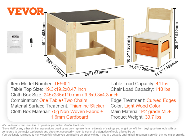VEVOR kids table set with light wood color, including chair and storage box dimensions.