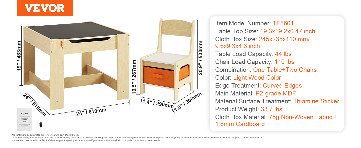 VEVOR kids table set with light wood color, including chair and storage box dimensions.