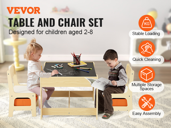 VEVOR kids table and chair set with blackboard surface, storage spaces, stable and easy to clean.