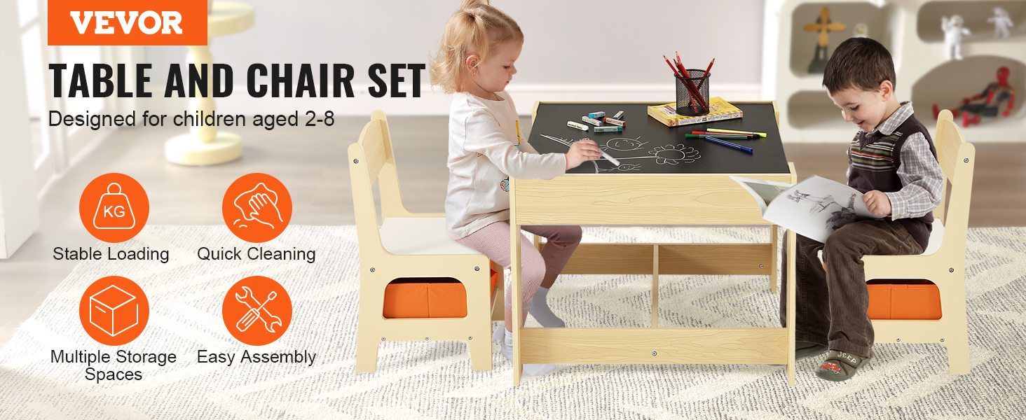 VEVOR kids table and chair set with blackboard surface, storage spaces, stable and easy to clean.