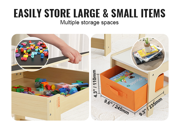 VEVOR kids table with multiple storage spaces for organizing large and small items, including toys and books.