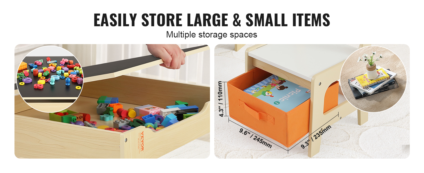VEVOR kids table with multiple storage spaces for organizing large and small items, including toys and books.
