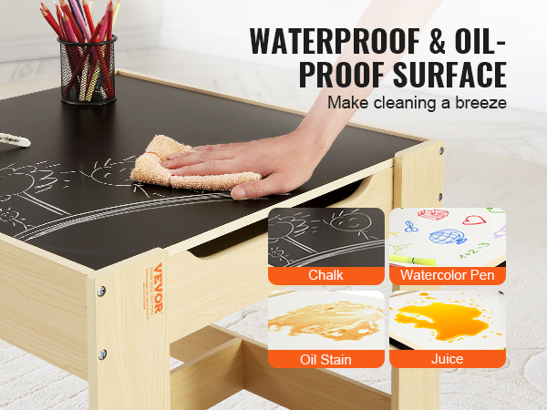 VEVOR kids table with waterproof and oil-proof surface, easy to clean chalk, watercolor pen, oil stain, and juice.