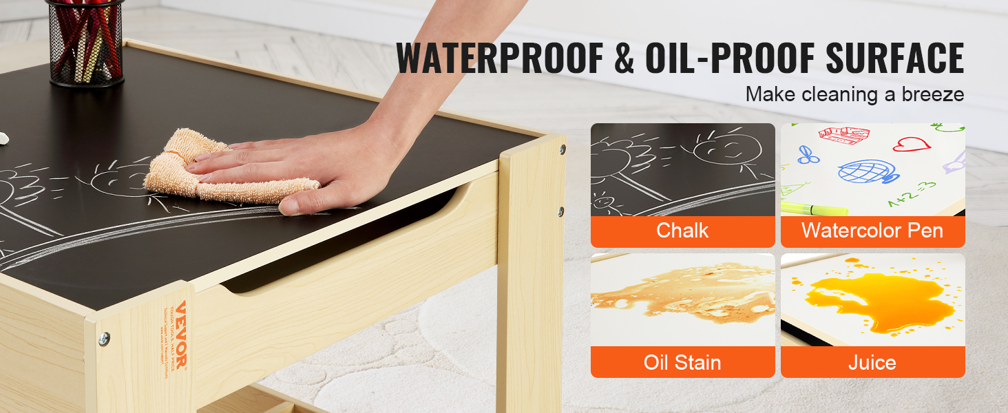 VEVOR kids table with waterproof and oil-proof surface, easy to clean chalk, watercolor pen, oil stain, and juice.