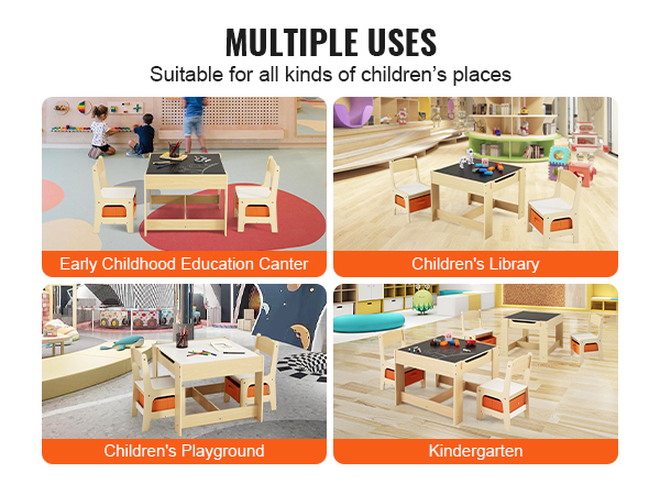 VEVOR kids table in various settings: education center, library, playground, and kindergarten.