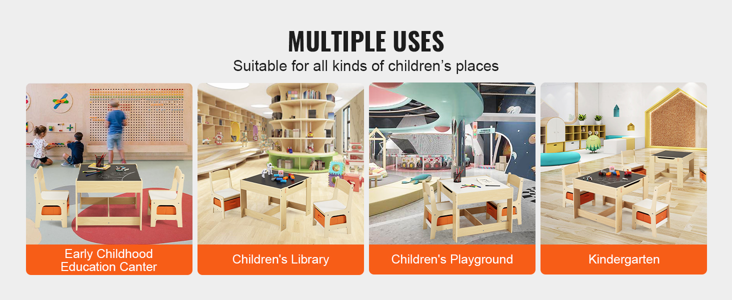 VEVOR kids table in various settings: education center, library, playground, and kindergarten.