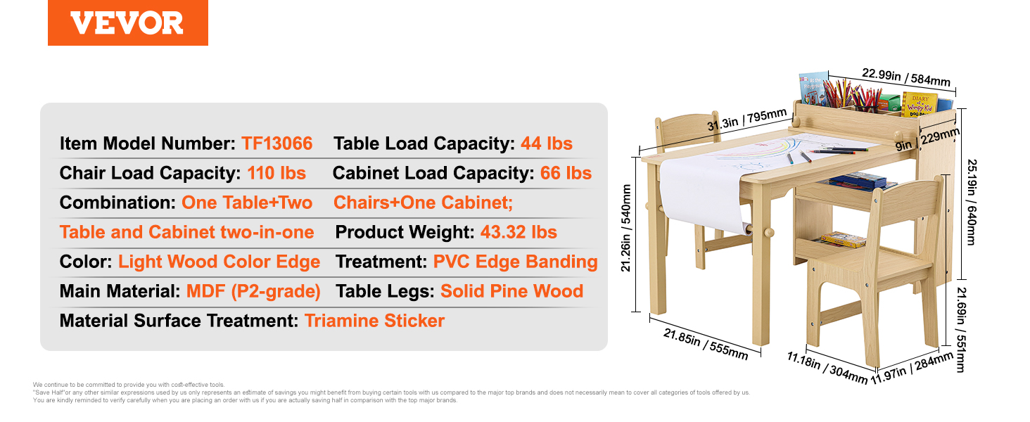 VEVOR kids art table with light wood color, 2 chairs, and storage cabinet dimensions and specifications.