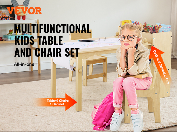 VEVOR kids art table set with chairs, desk, and cabinet in bright, organized classroom setting.