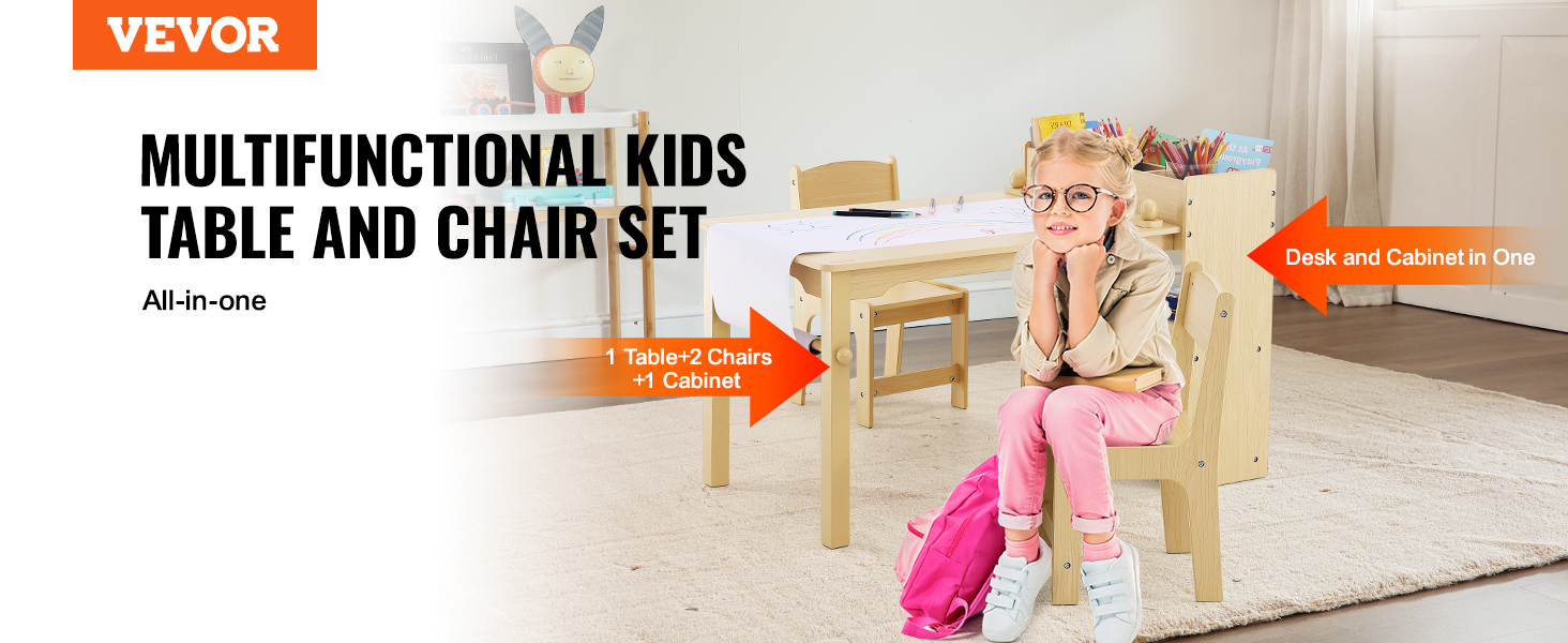 VEVOR kids art table set with chairs, desk, and cabinet in bright, organized classroom setting.