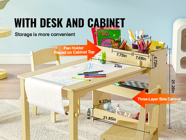 wooden kids' art table with side cabinet, storage compartments, and drawing paper holder. VEVOR kids art table.