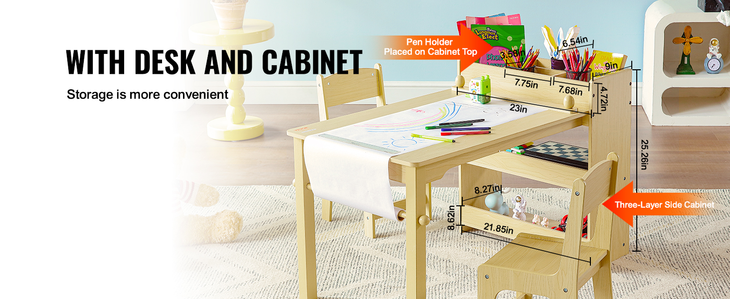 wooden kids' art table with side cabinet, storage compartments, and drawing paper holder. VEVOR kids art table.